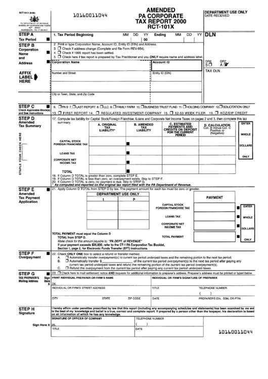 Form Rct-101x - Amended Pa Corporate Tax Report - 2000 printable pdf download