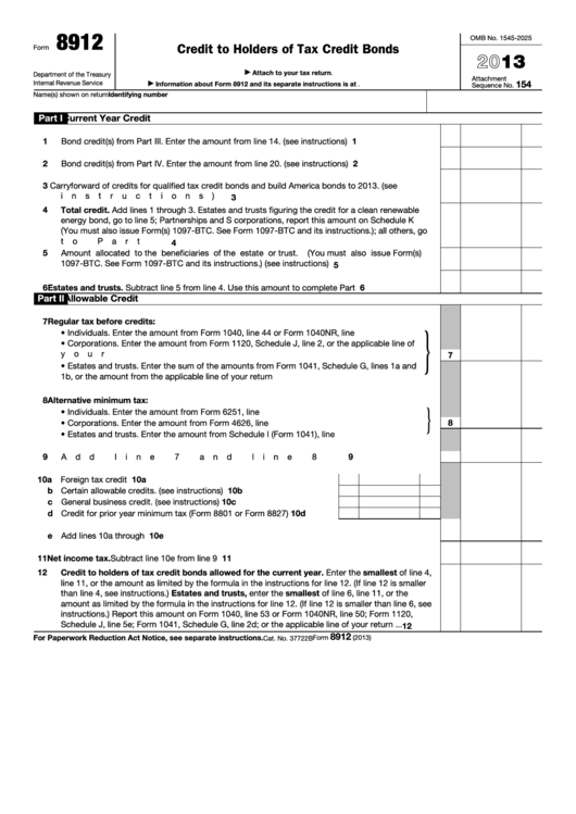 Fillable Form 8912 - Credit To Holders Of Tax Credit Bonds printable ...