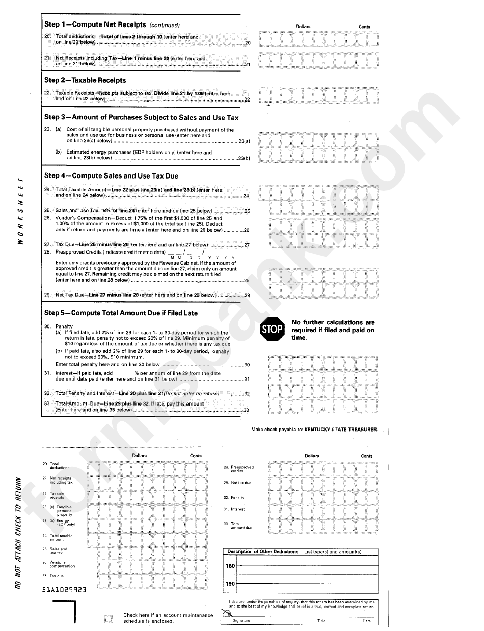 Form 51a102 - Kentucky Sales And Use Tax Worksheet