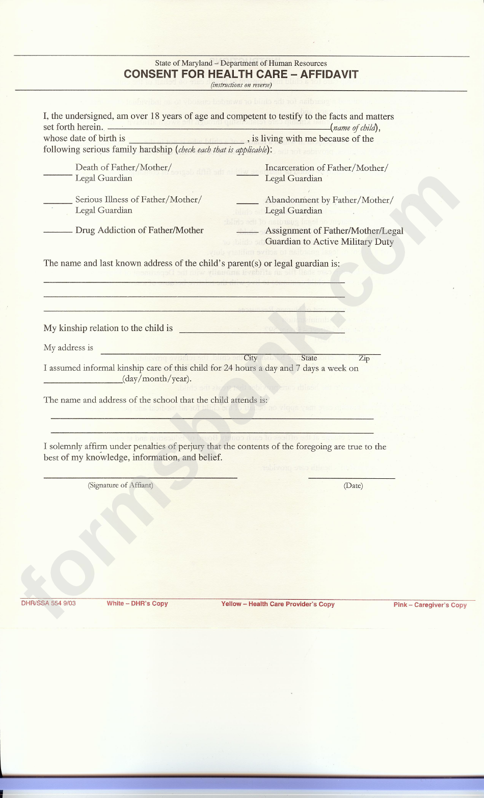Form Dhr/ssa 554 - Consent For Health Care - Affidavit