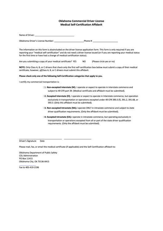 Oklahoma Commercial Driver License Medical Self-Certification Affidavit Printable pdf