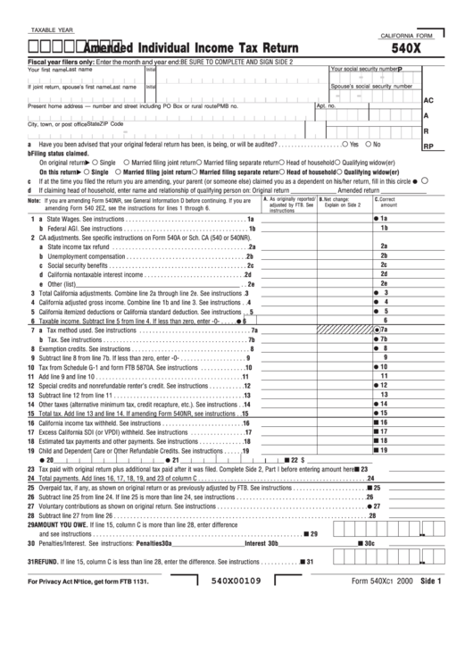 California Form 540x - Amended Individual Income Tax Return - Ca Franchise Tax Board - 2000 Printable pdf