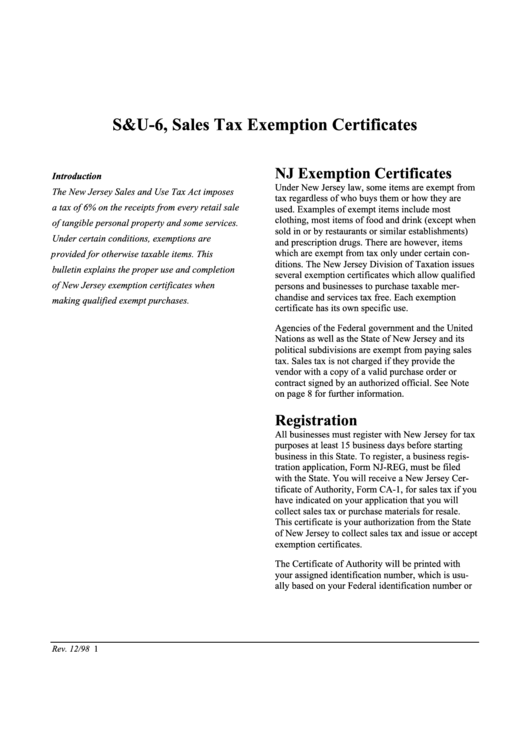S&u-6, Sales Tax Exemption Certificates Instructions And Samples Printable pdf