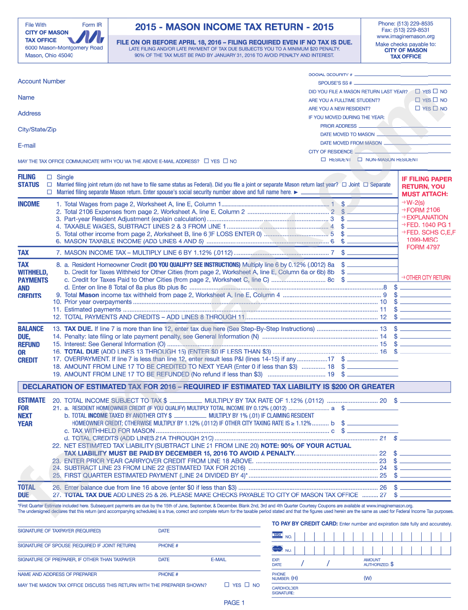 Form Ir - Income Tax Return - City Of Mason - 2015