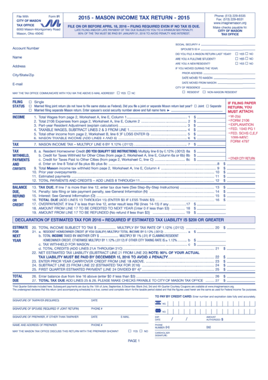 Form Ir - Income Tax Return - City Of Mason - 2015 Printable pdf