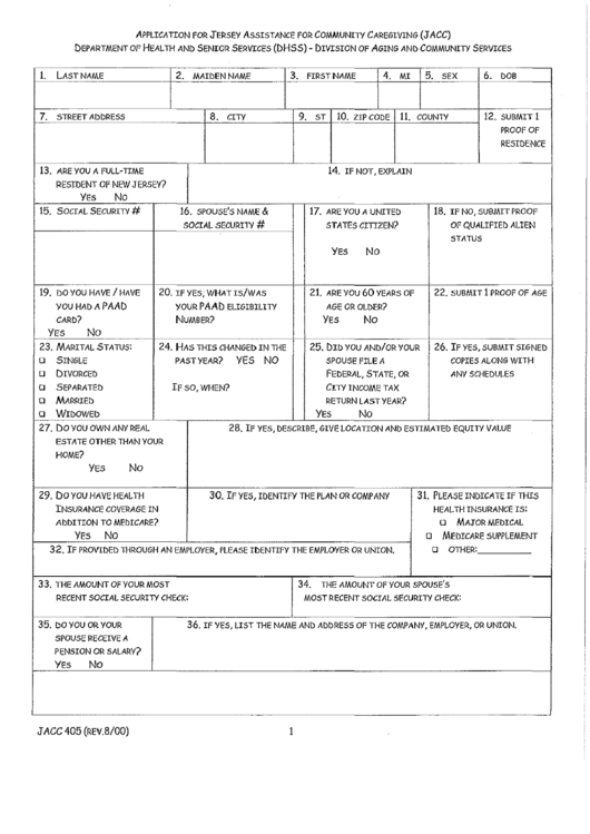 Form Jacc 405 - Application For Jersey Assistance For Community Caregiving (Jacc) Printable pdf