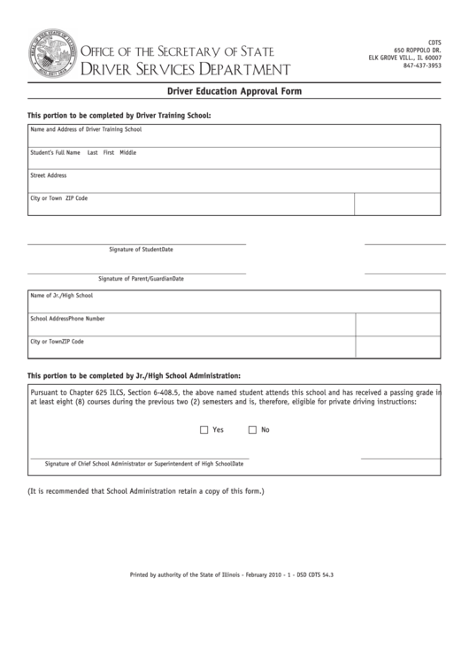 Fillable Form Cdts - Driver Education Approval Form - Illinois Driver Services Department Printable pdf