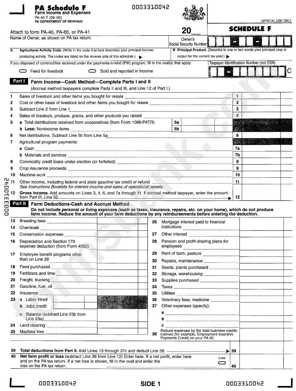 Pa Schedule F (Form Pa-40 F) - Farm Income And Exprenses printable pdf download