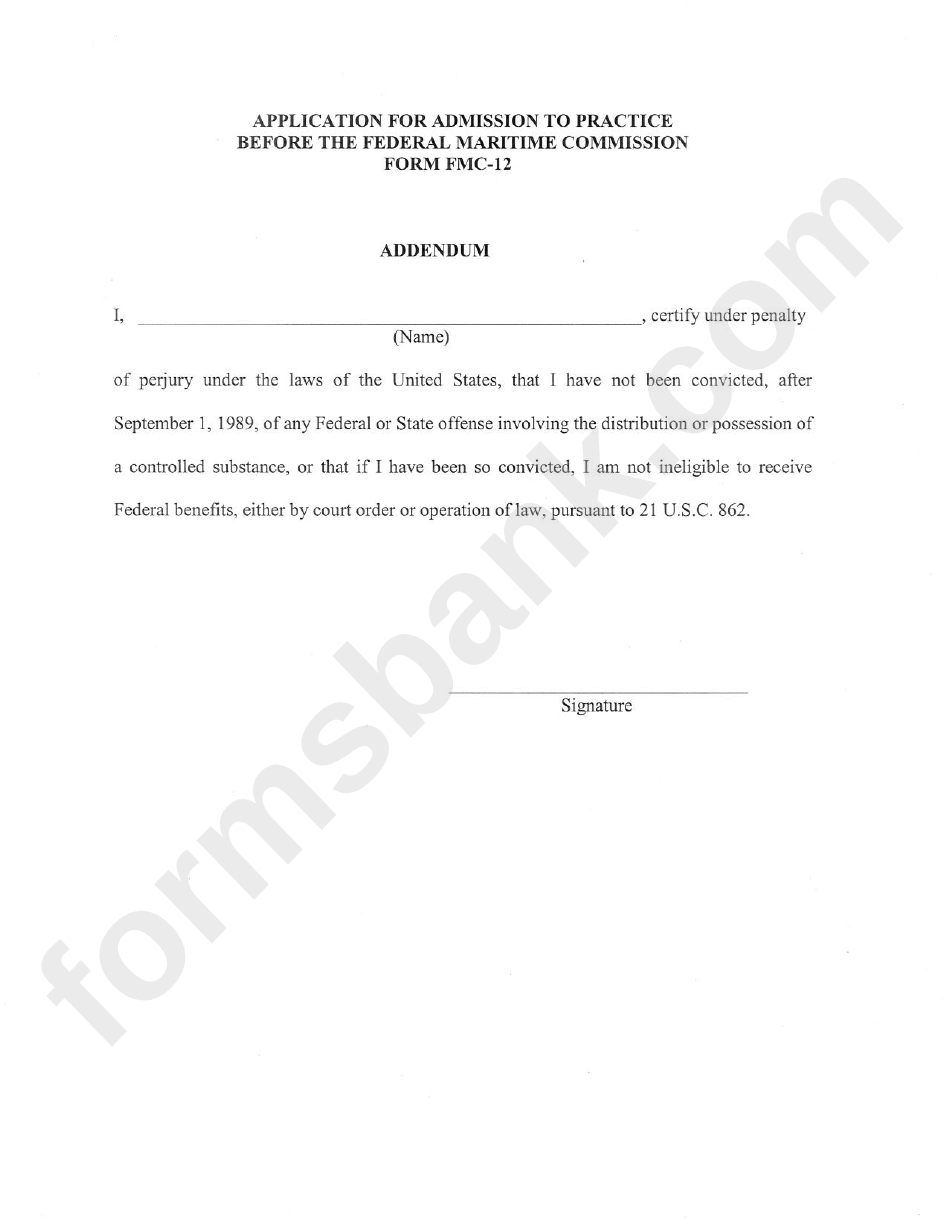 Form Fmc-12 - Application For Admission To Practice Before The Federal Maritime Comission