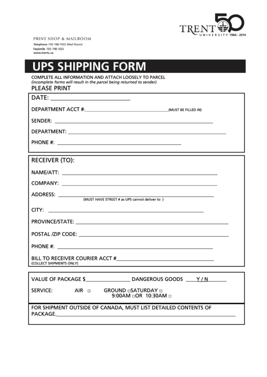 Fillable Ups Shipping Form Printable pdf
