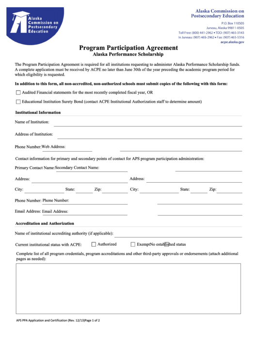 Fillable Program Participation Agreement - Alaska Comission Of Postsecondary Education Printable pdf