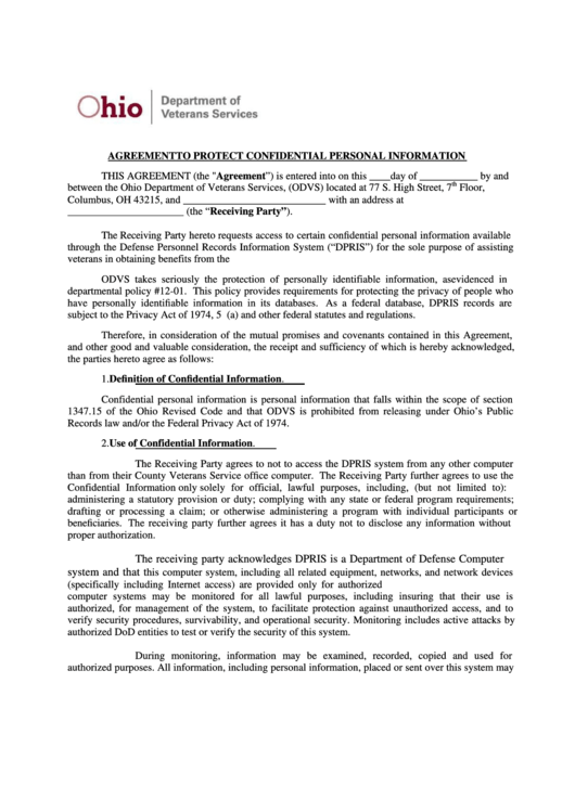 Personal Information Confidentiality Agreement Template - Ohio Department Of Veterans Services Printable pdf
