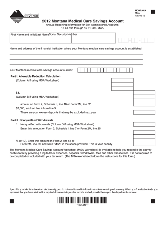 Montana Form Msa - Montana Medical Care Savings Account - 2012 Printable pdf