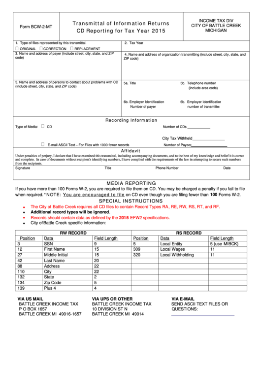 Form Bcw-2-Mt - Transmittal Of Information Returns Cd Reporting For Tax Year 2015 - City Of Battle Creek Printable pdf