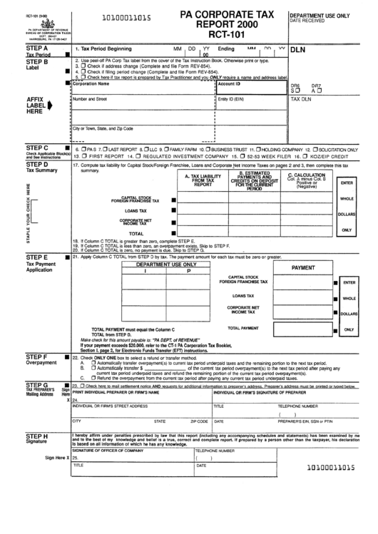 Form Rct-101 - Pa Corporate Tax Report - 2000 Printable pdf
