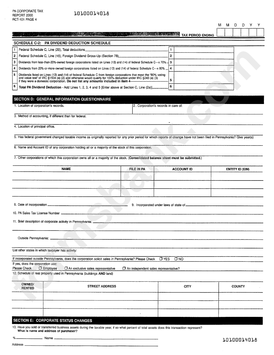 Form Rct-101 - Pa Corporate Tax Report - 2000