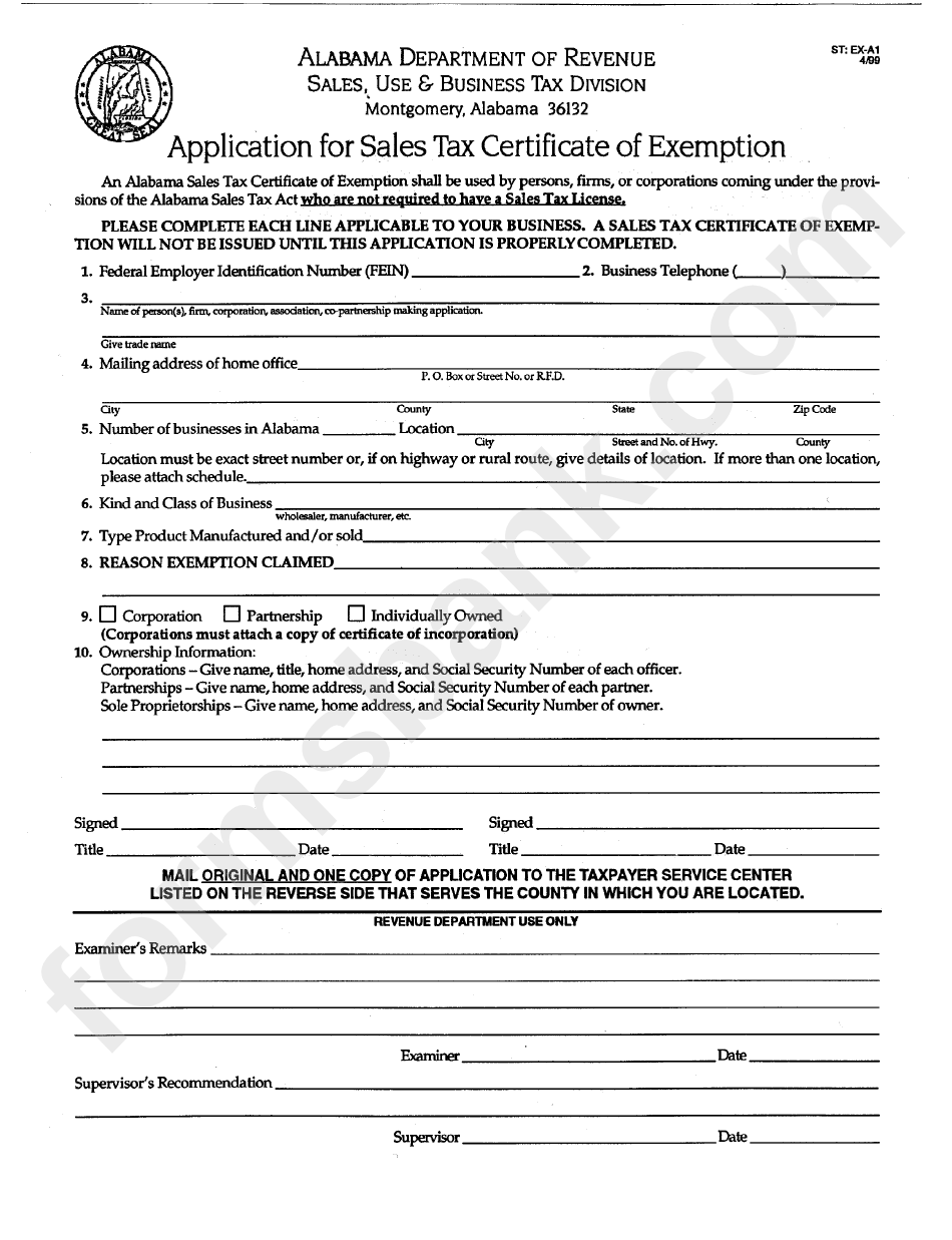 Application For Sales Tax Certificate Of Exemption - Alabama Department Of Revenue