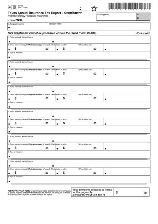 Form 25-122 - Texas Annual Insurance Tax Report - Supplement Printable pdf