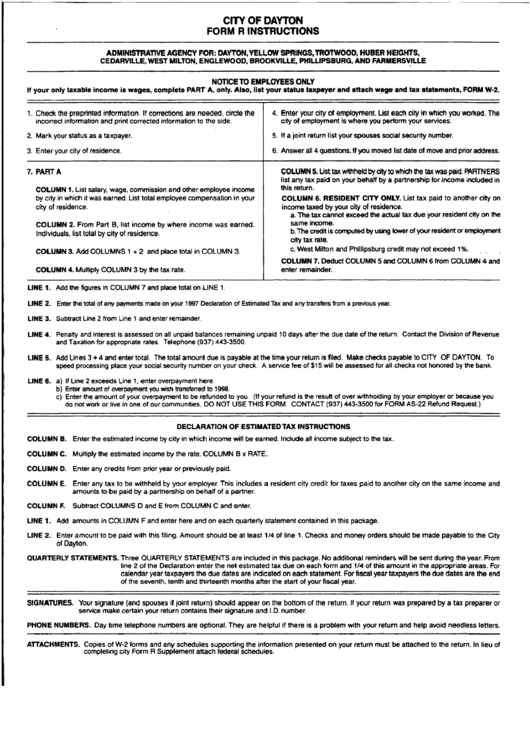 Form R Instructions - Declaration Of Estimated Tax Printable pdf
