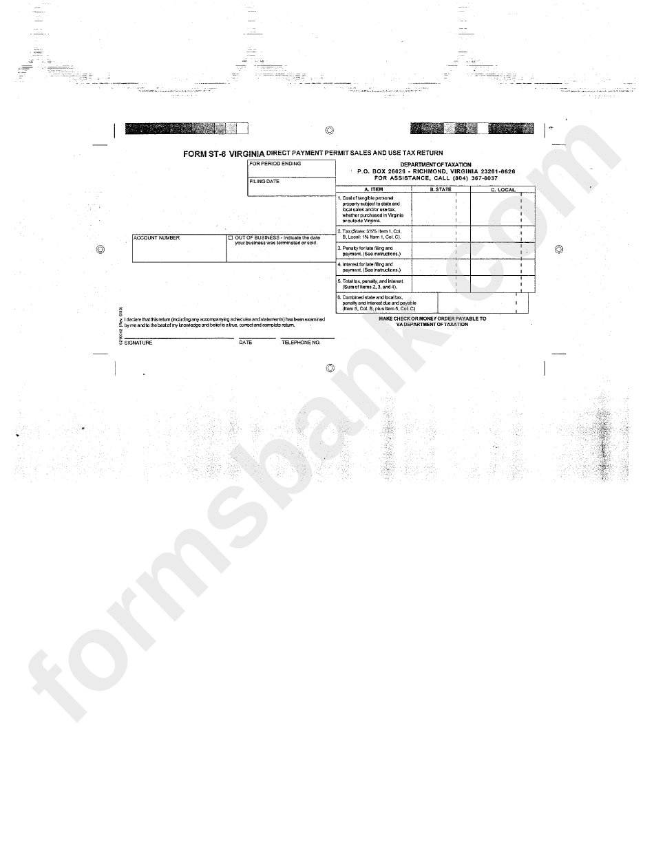 Form St-6 - Virginia Direct Payment Permit - Sales And Use Tax Return