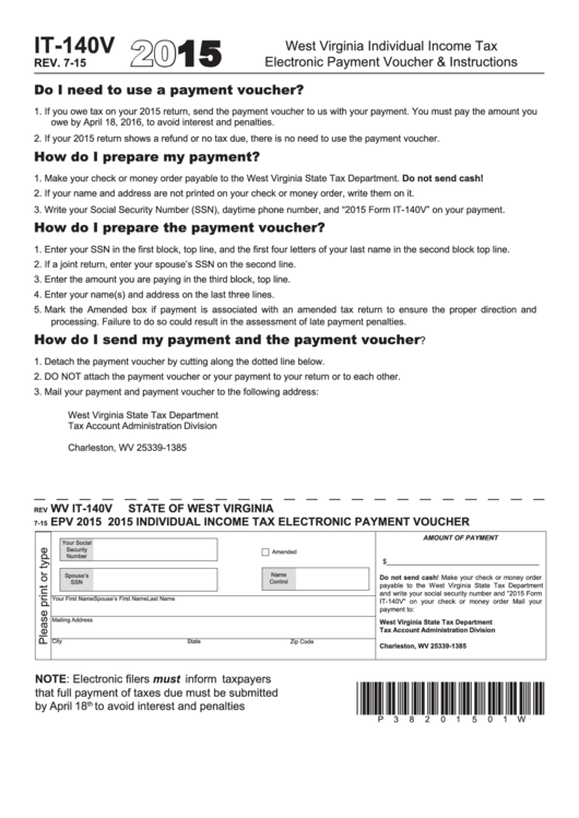 Form It-140v - Individual Income Tax Electronic Payment Voucher - 2015