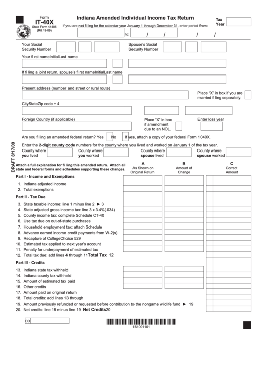 Form It-40x Draft (State Form 44405) - Indiana Amended Individual Income Tax Return Printable pdf