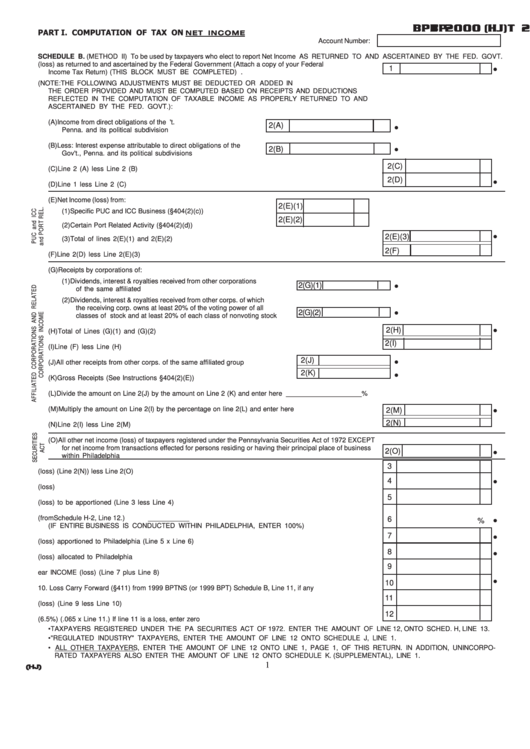 Form Bpt 2000 (Hj) - Computation Of Tax On Net Income And Gross Receipts Printable pdf