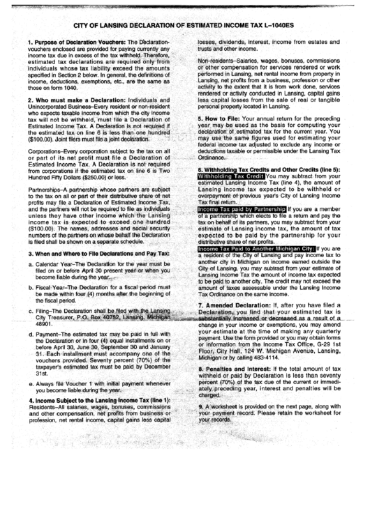 Form L-1040es - Declaration Of Estimated Income Tax - City Of Lansing Printable pdf