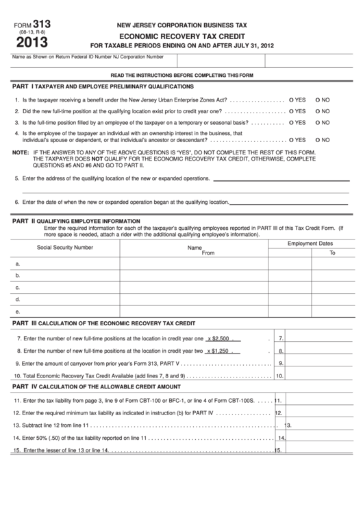 Form 313 - Economic Recovery Tax Credit - 2013 Printable pdf