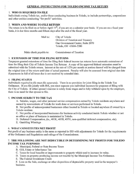Instructions For Income Tax Return - City Of Toledo Printable pdf