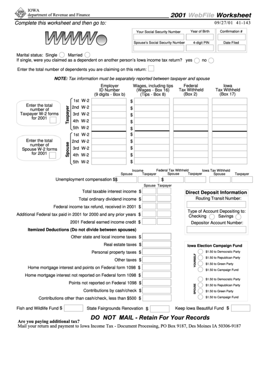 Webfile Worksheet Form - Iowa Department Of Revenue And Finance Printable pdf