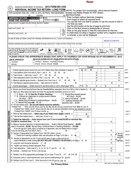 Fillable Form Mo-1040 - Individual Income Tax Return Long Form - 2015 Printable pdf