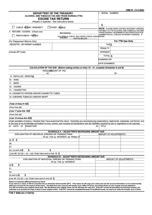 Fillable Form Ttb F 5000.24 - Excice Tax Return - Department Of The Treasury - 2016 Printable pdf