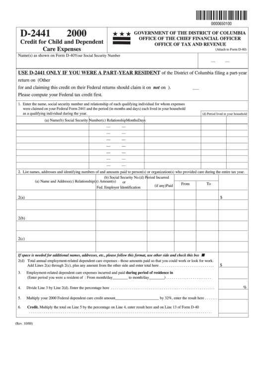Form D-2441 - Credit For Child And Dependent Care Expenses - 2000 Printable pdf
