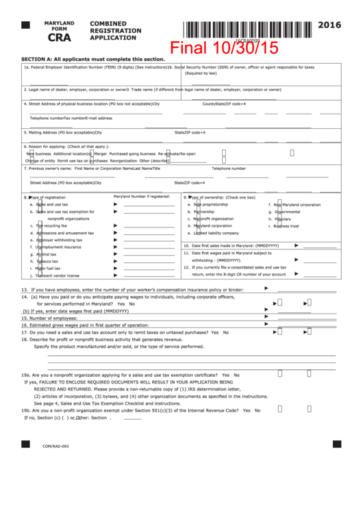 Maryland Form Cra - Combined Registration Application - 2016 Printable pdf