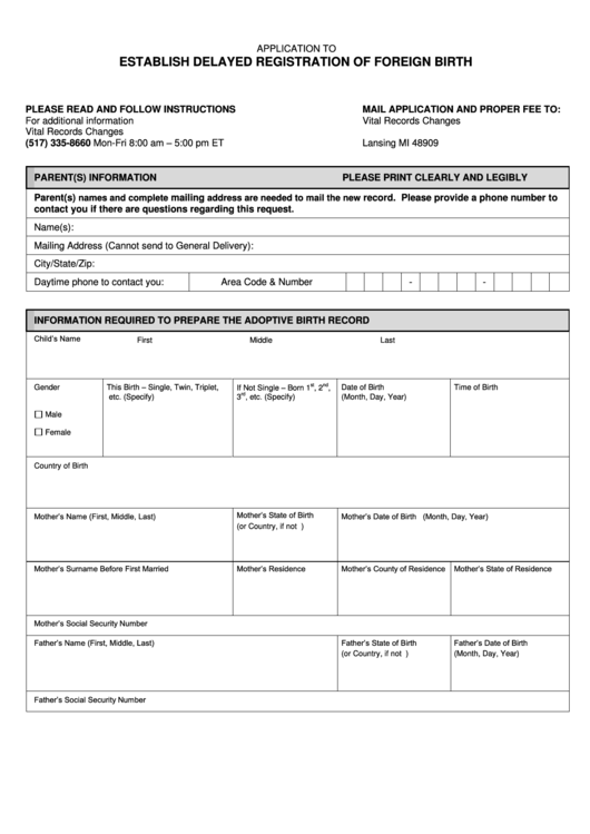 Fillable Form Dch-0855 - Application To Establish Delayed Registration Of Foreign Birth Printable pdf
