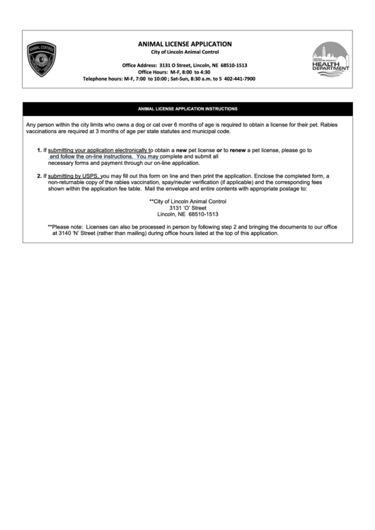 Animal License Application - City Of Lincoln Animal Control Printable pdf