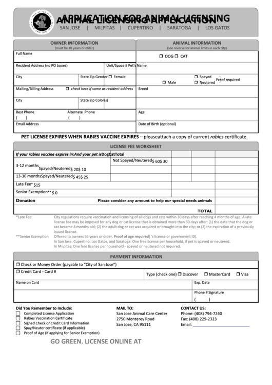 Application For Animal Licensing - San Jose Animal Care Center Printable pdf