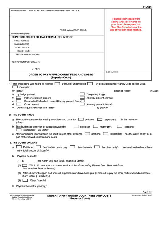 Fillable Form Fl-336 - Order To Pay Waived Court Fees And Costs (Superior Court) Printable pdf