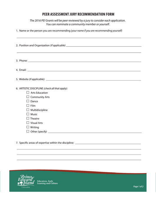 Fillable Peer Assessment Jury Recommendation Form Printable pdf