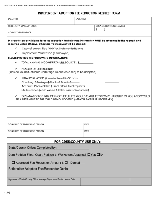 Independent Adoption Fee Reduction Request Form Printable pdf