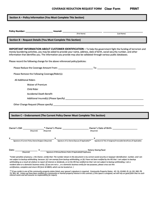 Coverage Reduction Request Form