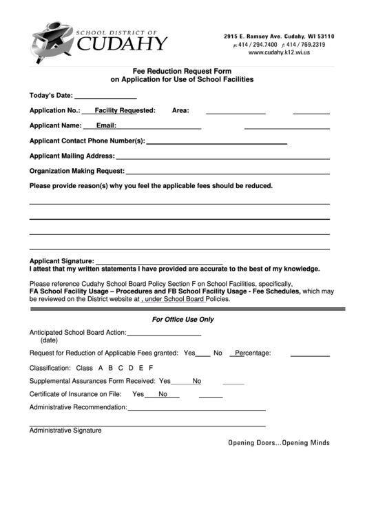 Fee Reduction Request Form On Application For Use Of School Facilities - Cudahy School District Printable pdf