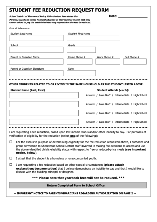 Student Fee Reduction Request Form - School District Of Shorewood Printable pdf