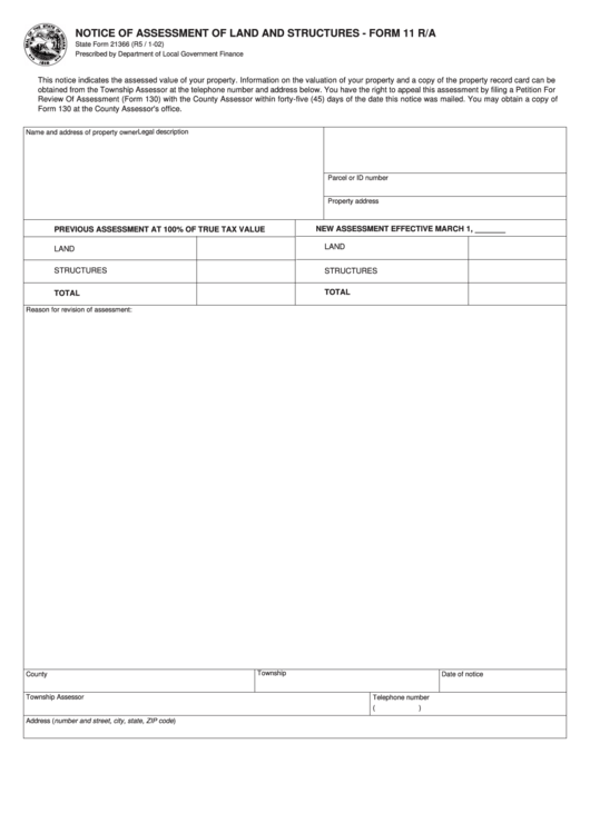Form 11 R/a (State Form 21366) - Notice Of Assessment Of Land And Structures Printable pdf