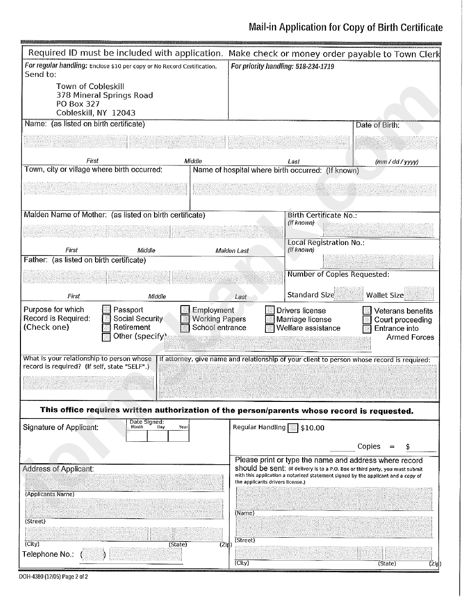 Form Doh-4380 - Mail-In Application For Copy Of Birth Certificate