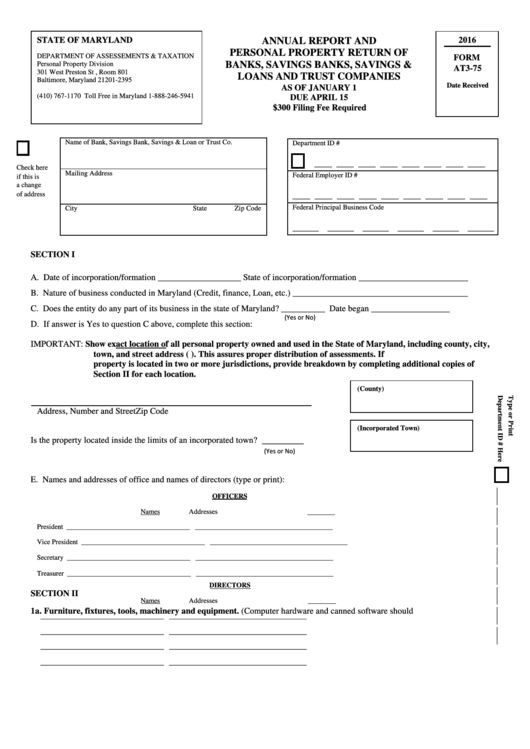 Form At3-75 - Annual Report And Personal Property Return - 2016 Printable pdf