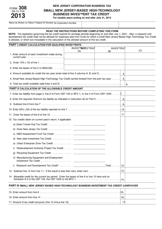 Form 308 - Small New Jersey-Based High-Technology Business Investment Tax Credit - 2013 Printable pdf