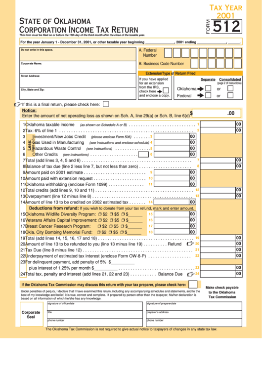 Form 512 - Corporation Income Tax Return - 2001 Printable pdf
