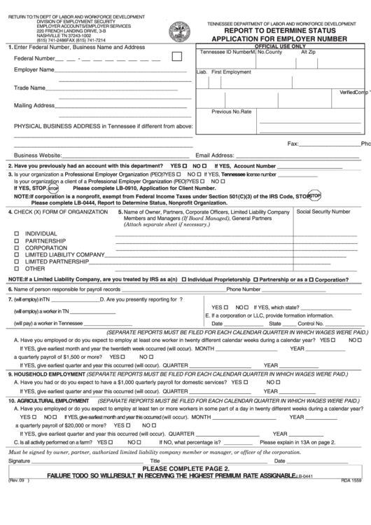 Fillable Form Lb-0441 - Report To Determine Status - Application For Employer Number - 2016 Printable pdf